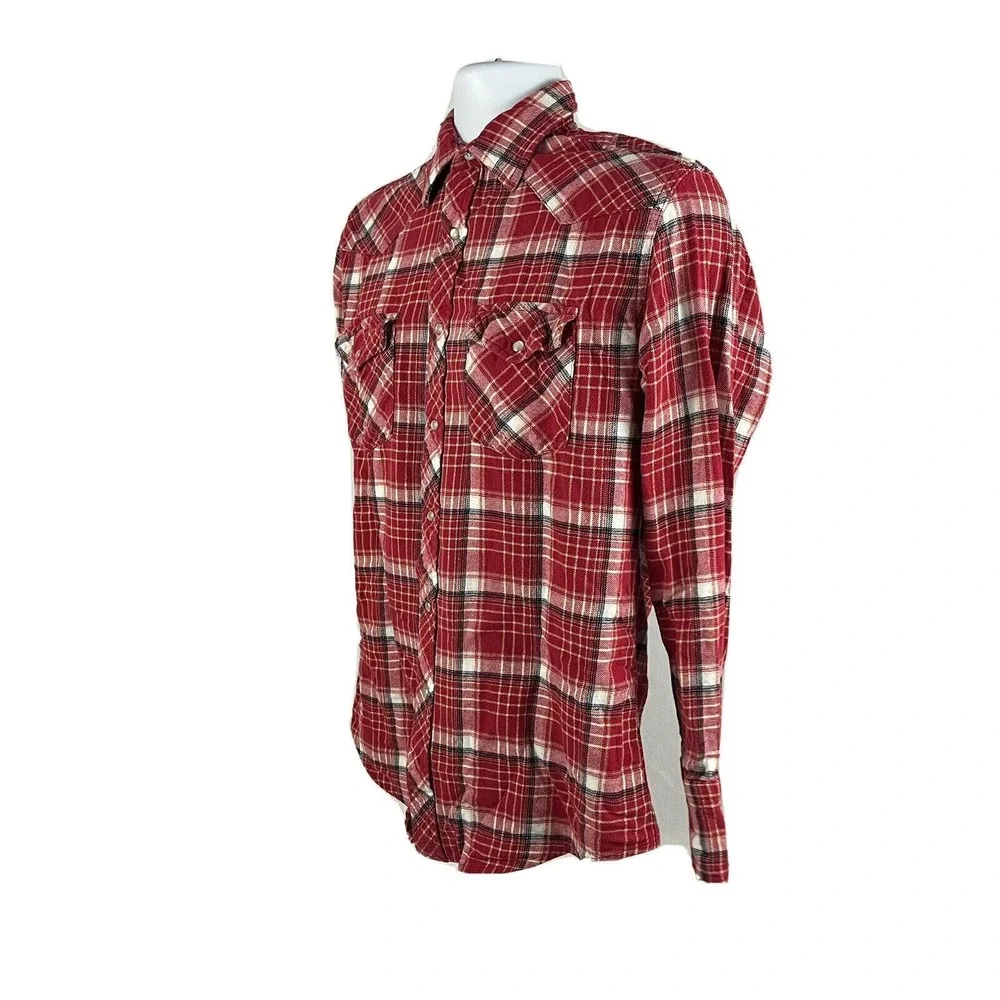 WRANGLER WRANCHER WESTERN FLANNEL SHIRT Pearl Snaps Plaid Cowboy Rodeo Medium